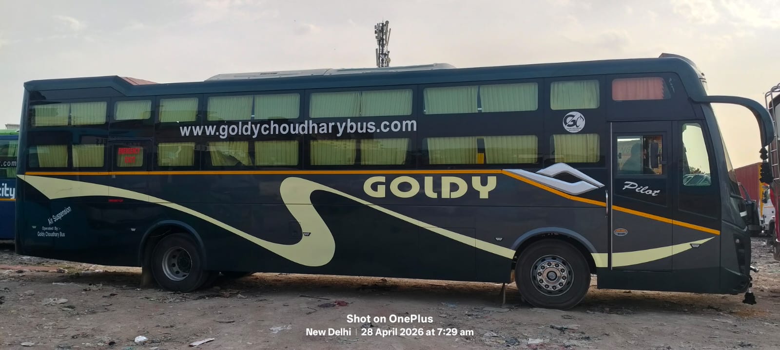 Goldy bus side view with curtains visible through the windows